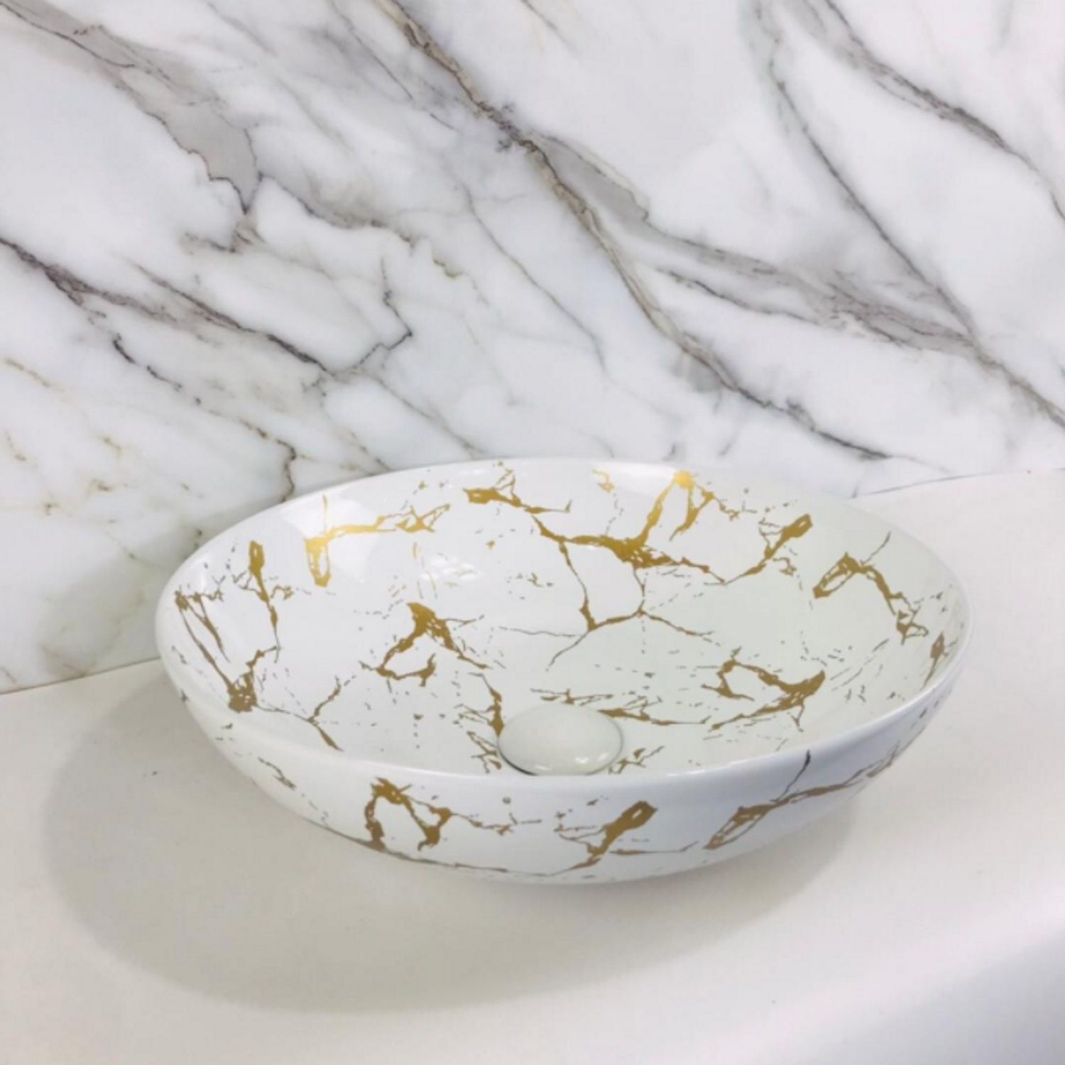 Waskom AquaSplash Raja 40 cm Gouden Marmerlook Wit Aquasplash