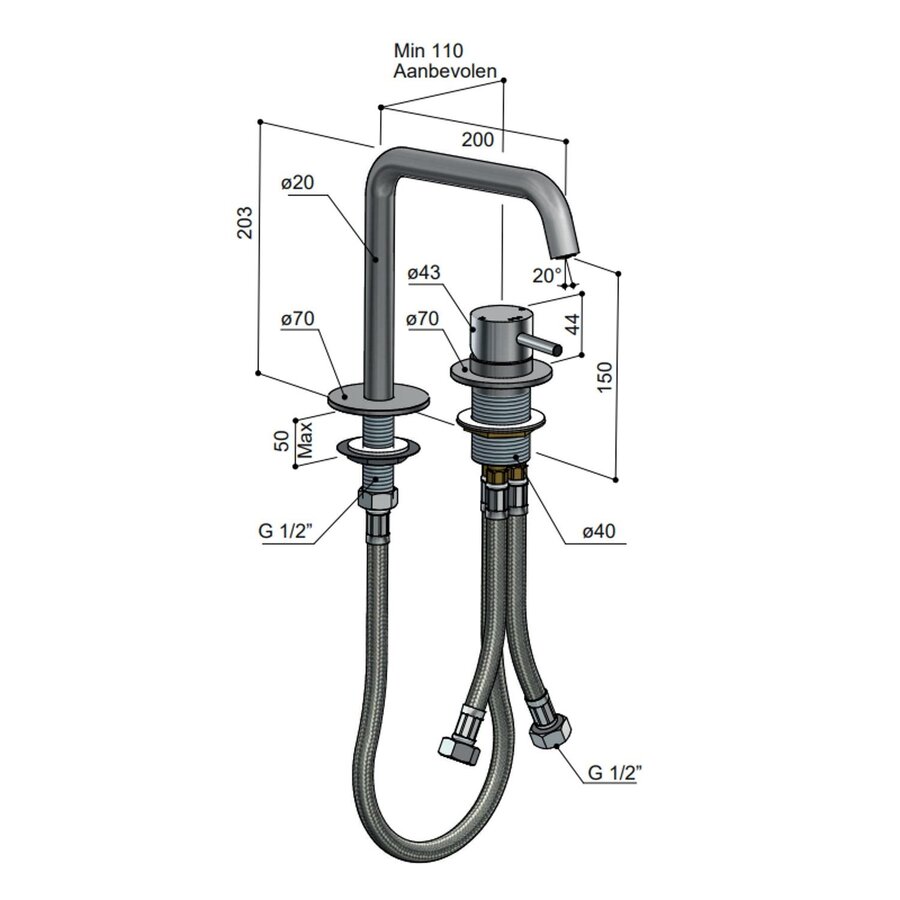 Wastafelmengkraan Hotbath Archie 2 Gats Zonder Waste RVS316