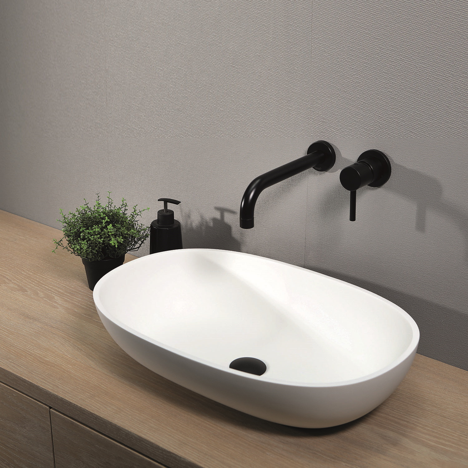 Opzetwastafel Luca Sanitair Ovaal 57x38x13.5 Solid Surface Mat Wit Luca Sanitair