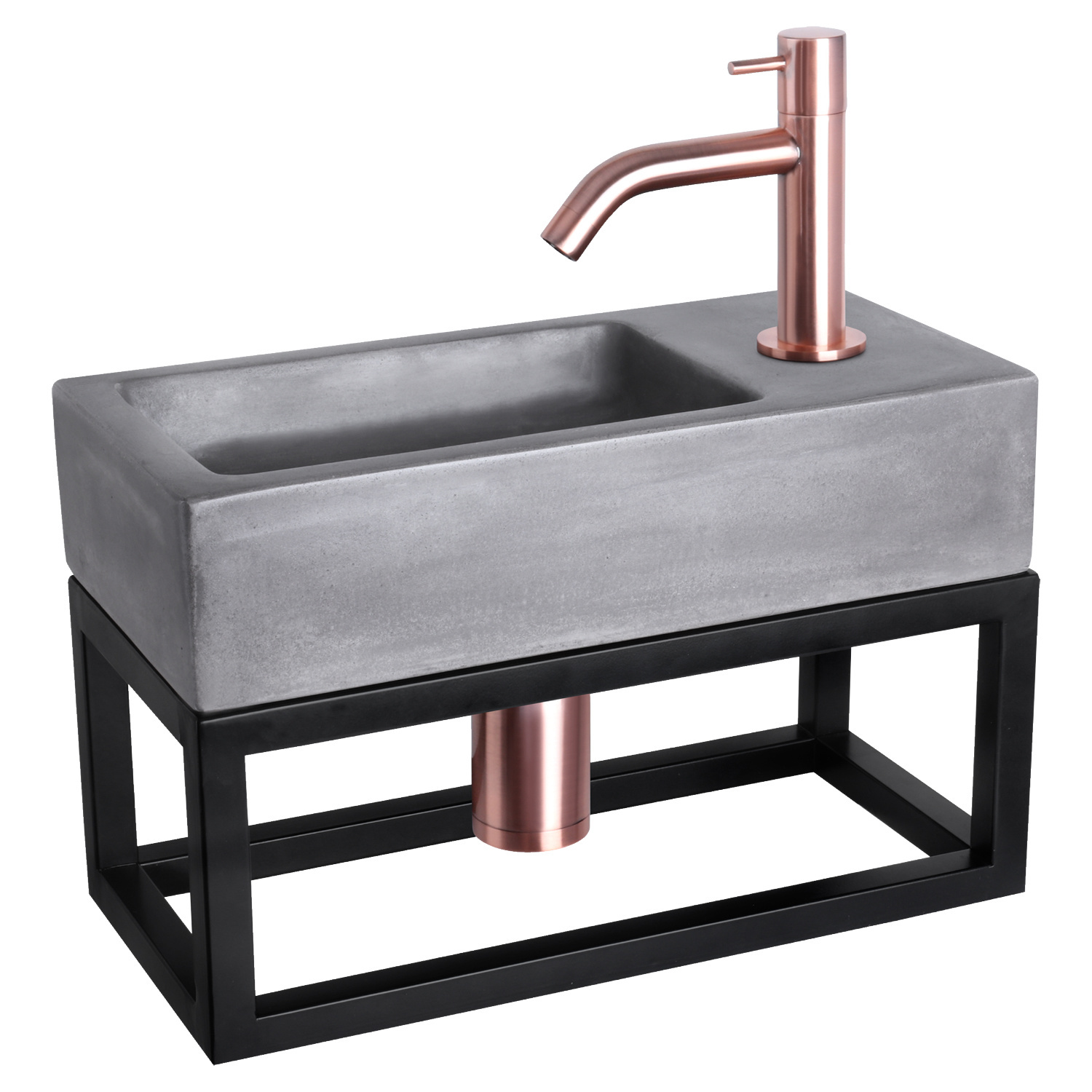 Fonteinset Differnz Ravo Beton en Handoekrek 38.5x18.5x9 cm Donker Grijs Met Gebogen Kraan Rood Koper Differnz