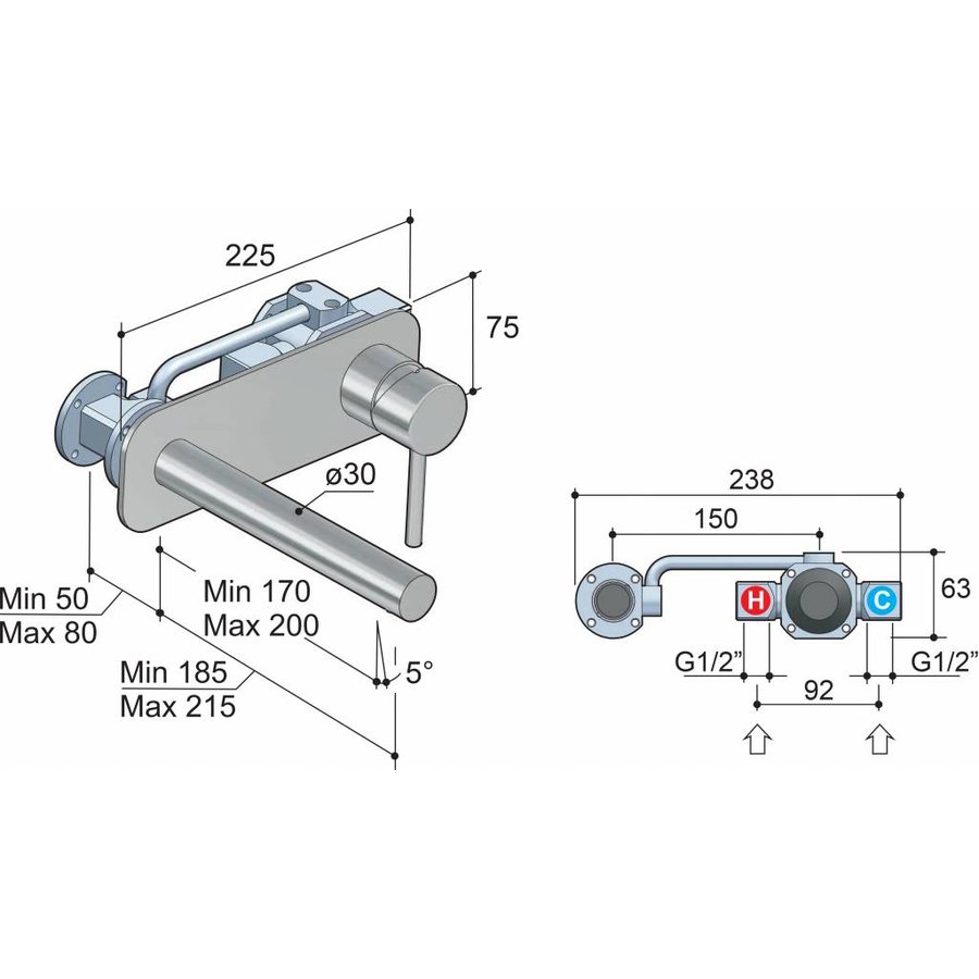 Wastafelmengkraan Hotbath Buddy inbouw 3+3 inbouwsysteem 1-hendel Recht 17 cm