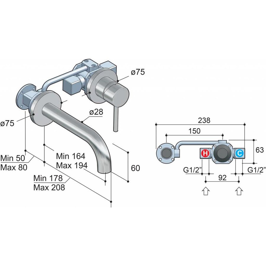 Wastafelmengkraan Hotbath Buddy Inbouw 3+3 Inbouwsysteem 1-hendel Gebogen 16.4 cm