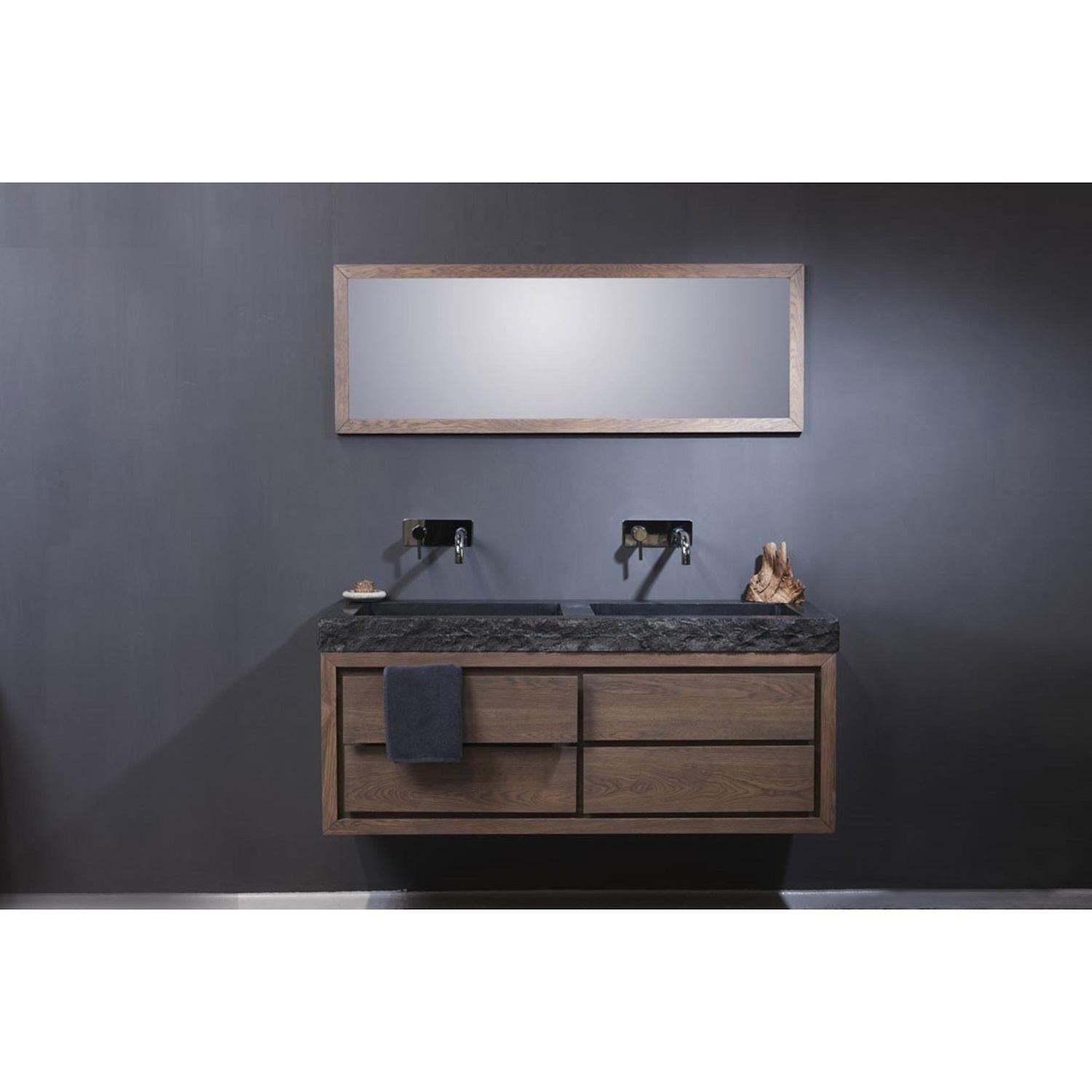 Forzalaqua Palermo Doppio Wastafel 140.5x51.5x9 cm 2 wasbakken Graniet Gezoet Gekapt Antraciet 0 krgaten Forzalaqua