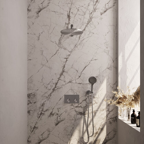 Thermostatische Inbouw Regendouche Brauer Brushed Edition Met Drukknoppen SET 56 Met 30 Cm Douchekop En Rechte Muurarm En 3-Standen Handdouche En Doucheslang En Wandaansluitbocht RVS Geborsteld PVD 