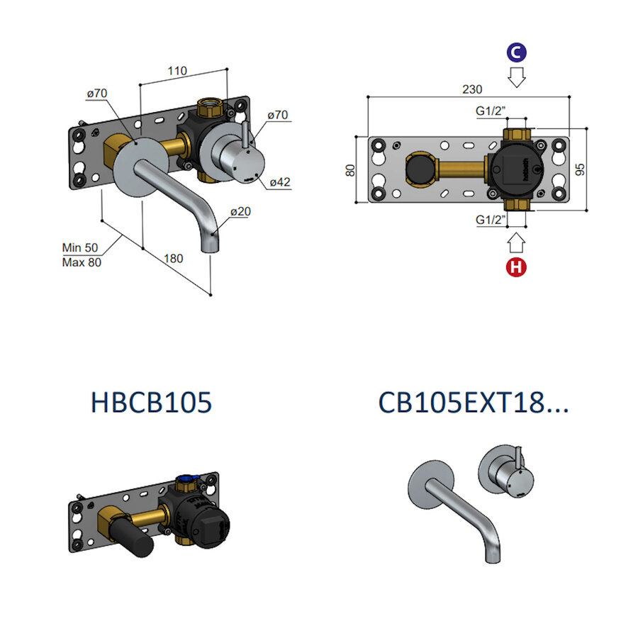 Inbouw Wastafelkraan Hotbath Cobber 18cm Gebogen Uitloop 1-Hendel Geborsteld Messing PVD