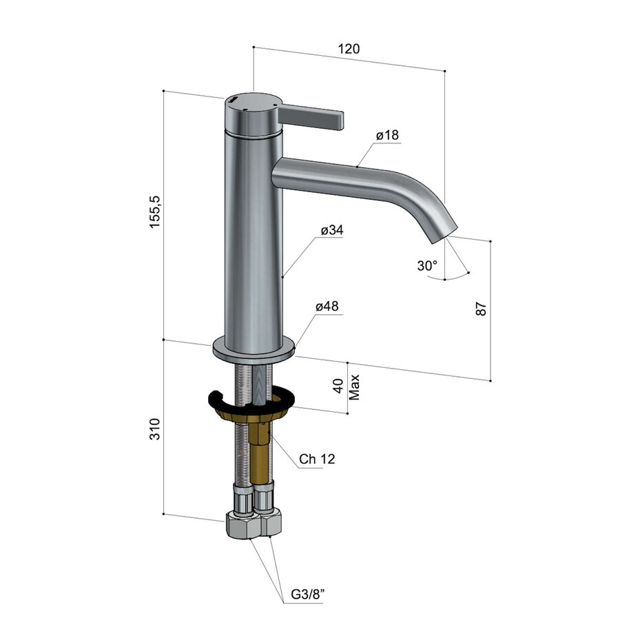 Wastafelmengkraan Hotbath Ace 1-Hendel Gebogen 15.5 cm Geborsteld Nikkel