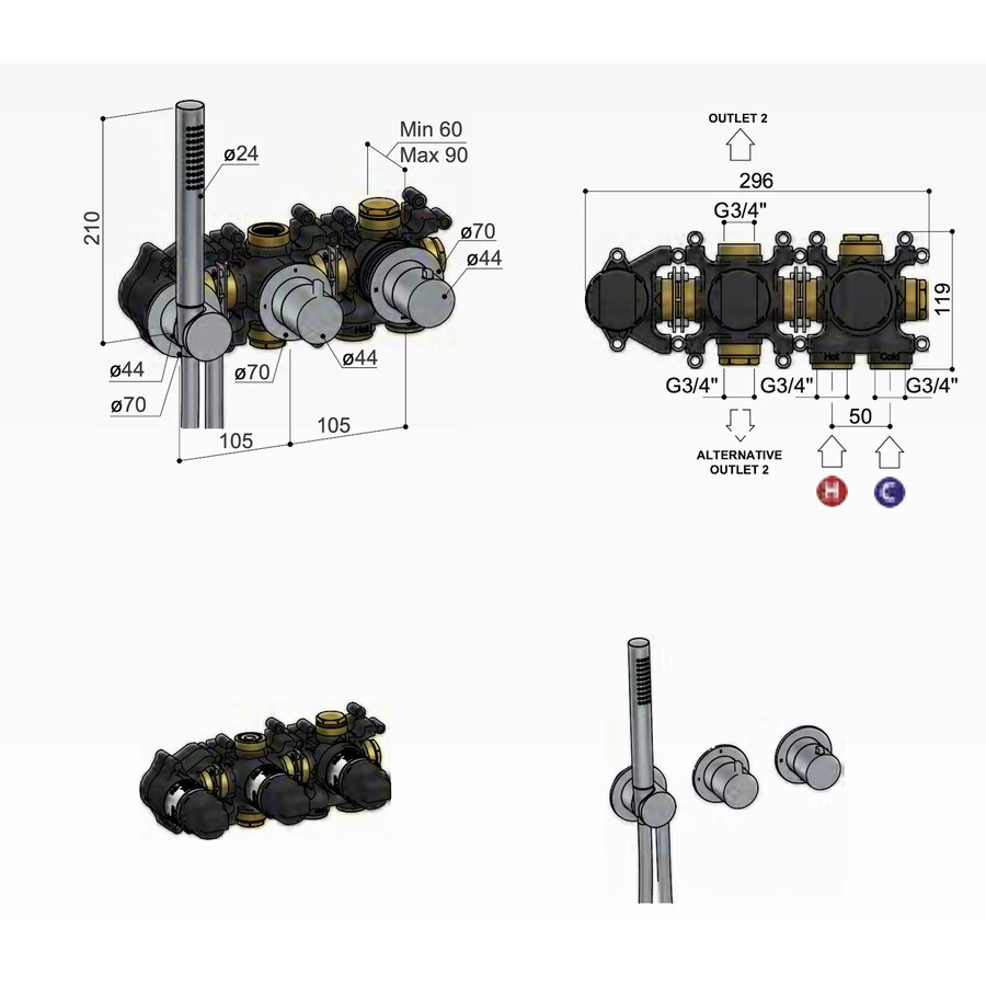 Inbouw thermostaat - Afbouwdeel Hotbath Ace Met 2-Weg Stop-Omstel Met Handdouche/ Doucheslang Geborsteld Zwart PVD