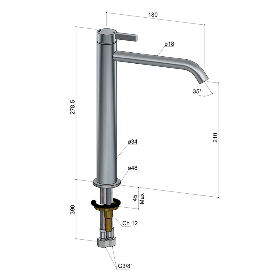 Wastafelmengkraan Hotbath Ace 1-Hendel Gebogen 28 cm Geborsteld Koper PVD