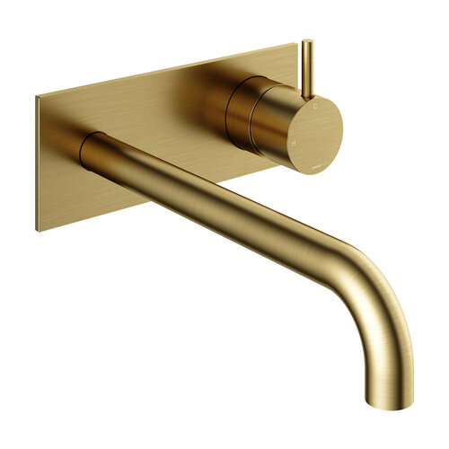 Inbouw Wastafelkraan Met Achterplaat Hotbath Cobber 25cm Gebogen Uitloop 1-Hendel Geborsteld Messing PVD 