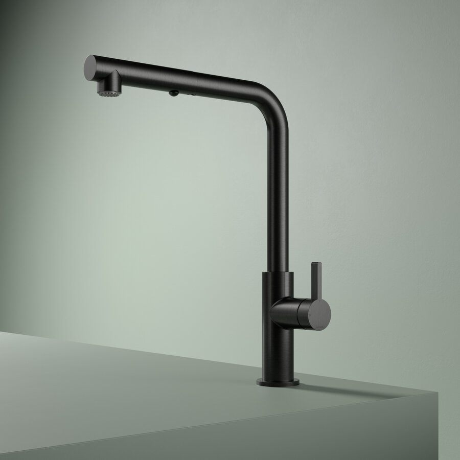 Keukenmengkraan Hotbath Ace met draaibare uitloop en uittrekbare duo-spray handdouche Geborsteld Zwart PVD