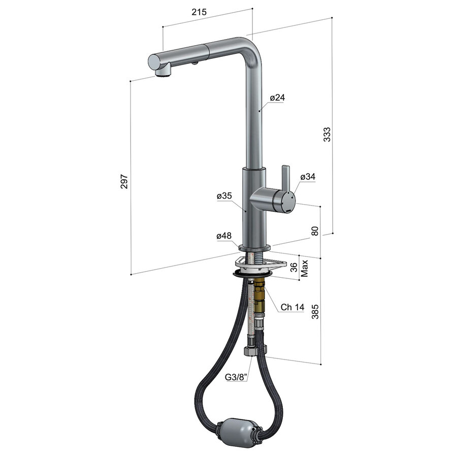 Keukenmengkraan Hotbath Ace met draaibare uitloop en uittrekbare duo-spray handdouche Geborsteld Zwart PVD