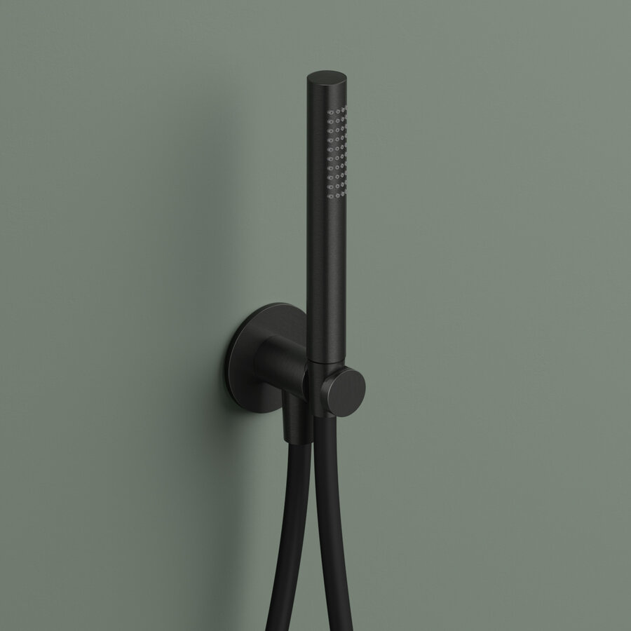 Handdouche Hotbath Ace Met Wandsteun Met Uitlaat En Doucheslang 150cm Geborsteld Zwart PVD