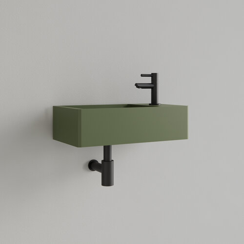 Fontein Gliss Design Freya Solid Marble 40x22x10 cm Met Kraangat Rechts Mat Olijf Groen 