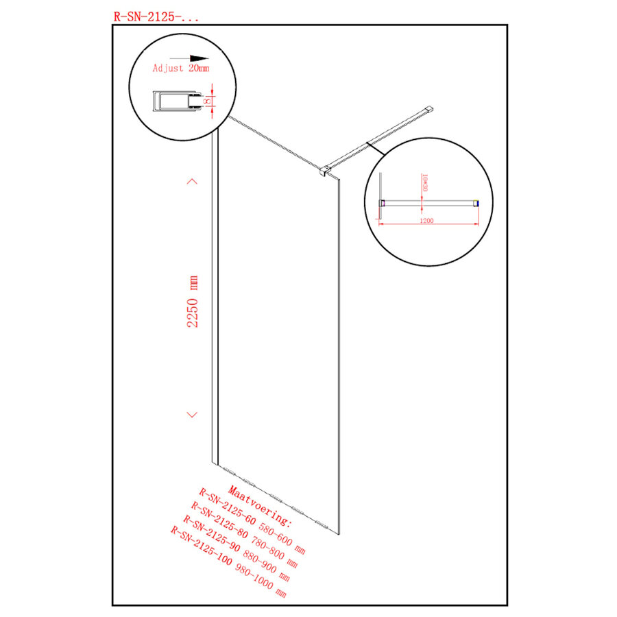 Douchewand BWS Highrise 120x225 cm Nano chroom Verhoogd