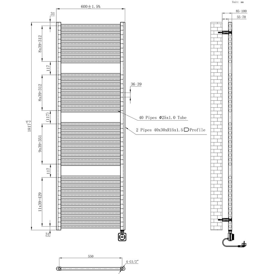 Elektrische Radiator Wiesbaden Elara 181.7x60 Cm Smart Wifi Mat Zwart