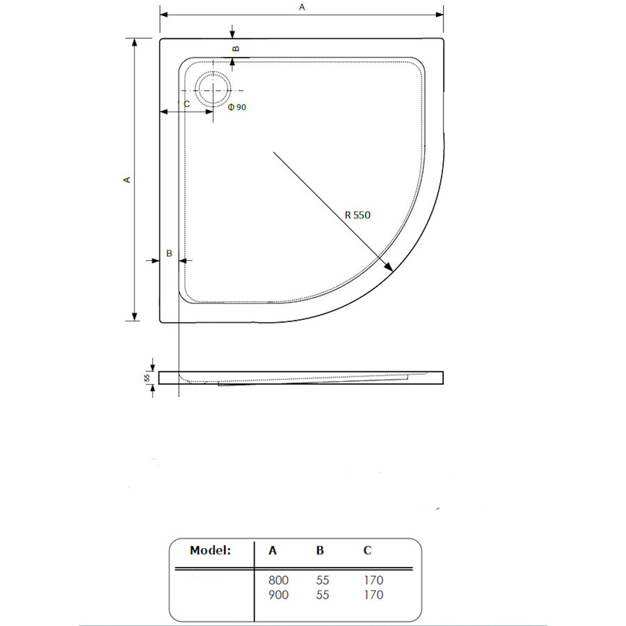 Douchebak BWS Ailah Kwartrond Acryl 80x80cm Zelfdragend Wit