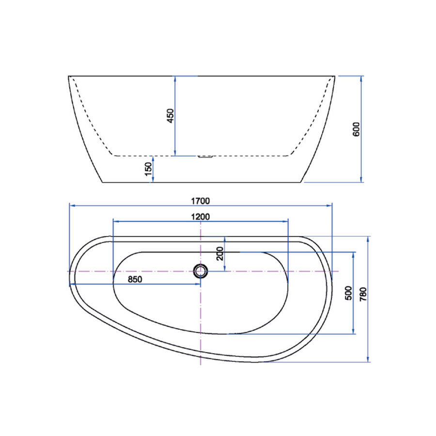 Vrijstaand Bad Luca Sanitair Primo Acryl 170x78x60 cm 260L Incl. Afvoerset Glans Wit