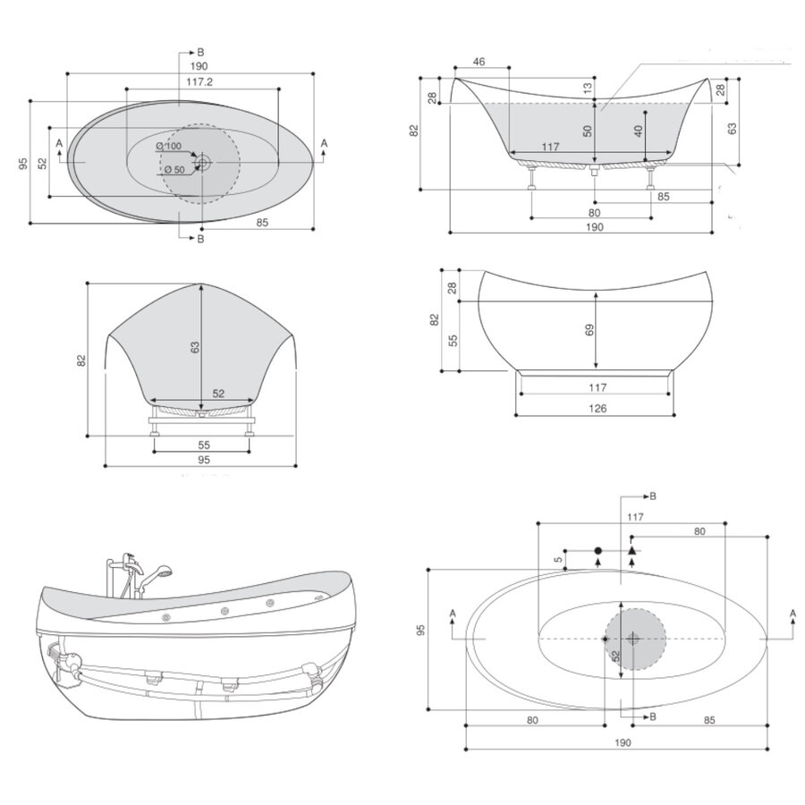 Vrijstaand Bad BWS Adonism Met Hydro Massage Jets 190x96x82 cm Mat Zwart