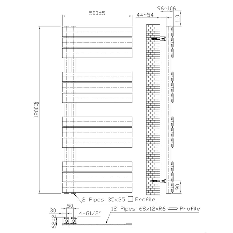 Handdoekradiator BWS Boss Links aansluiting 681W 120x50 cm Zwart