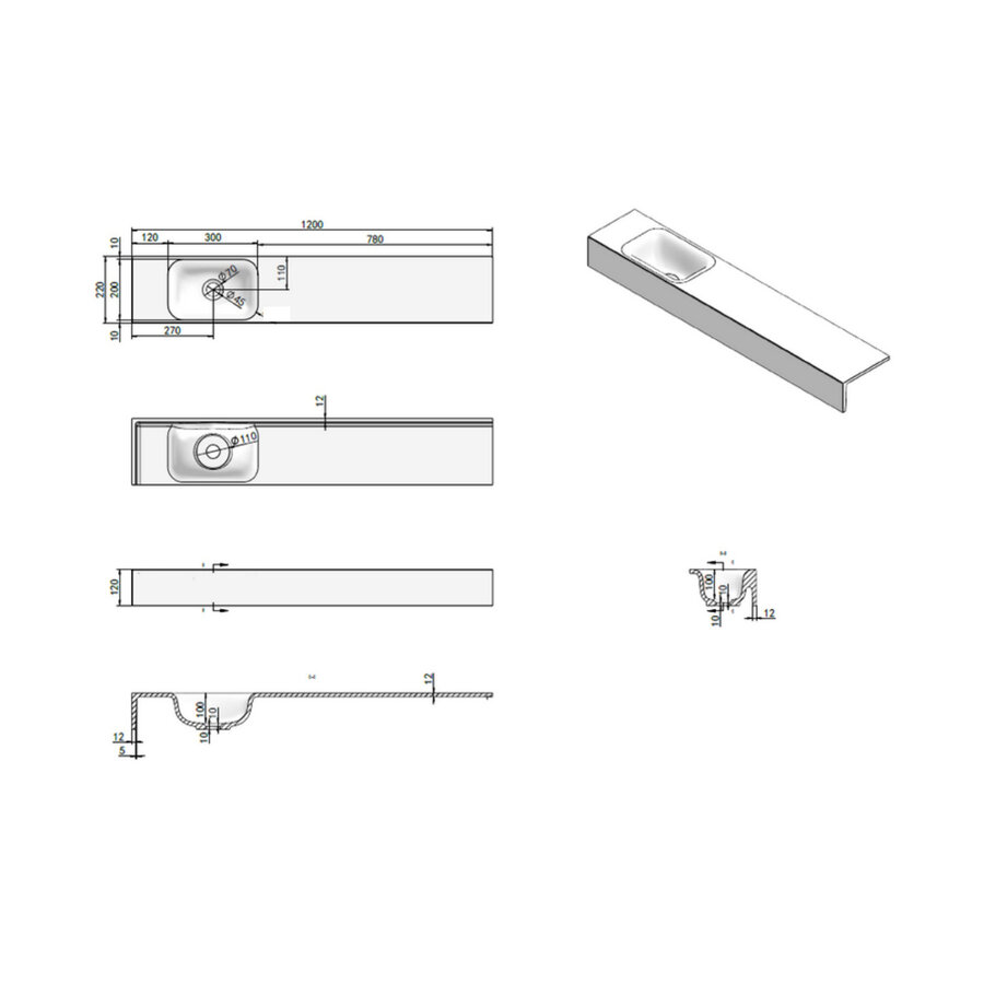 Fontein Luca Sanitair Lea 120x22x12 cm Solid Surface Links Zonder Kraangat Mat Wit