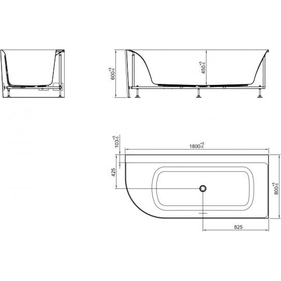 Hoekbad BWS Jordan 180x80 Cm Mat Wit Waste Mat Wit