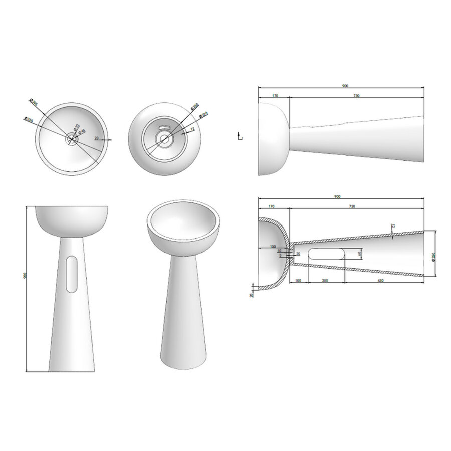 Wastafel Staand Luca Sanitair Vado 40x40x90 cm Solid Surface Mat Wit