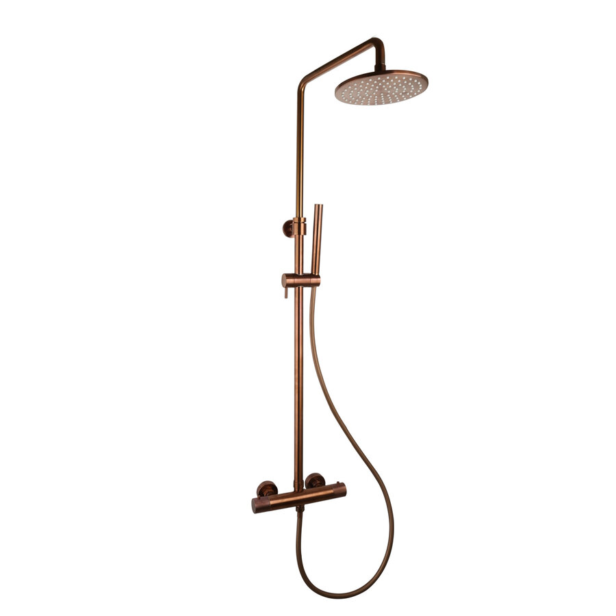 Regendoucheset Opbouw Sanilux Blair Thermostatisch Geribbelde Knop Douchekop 25 cm Brons