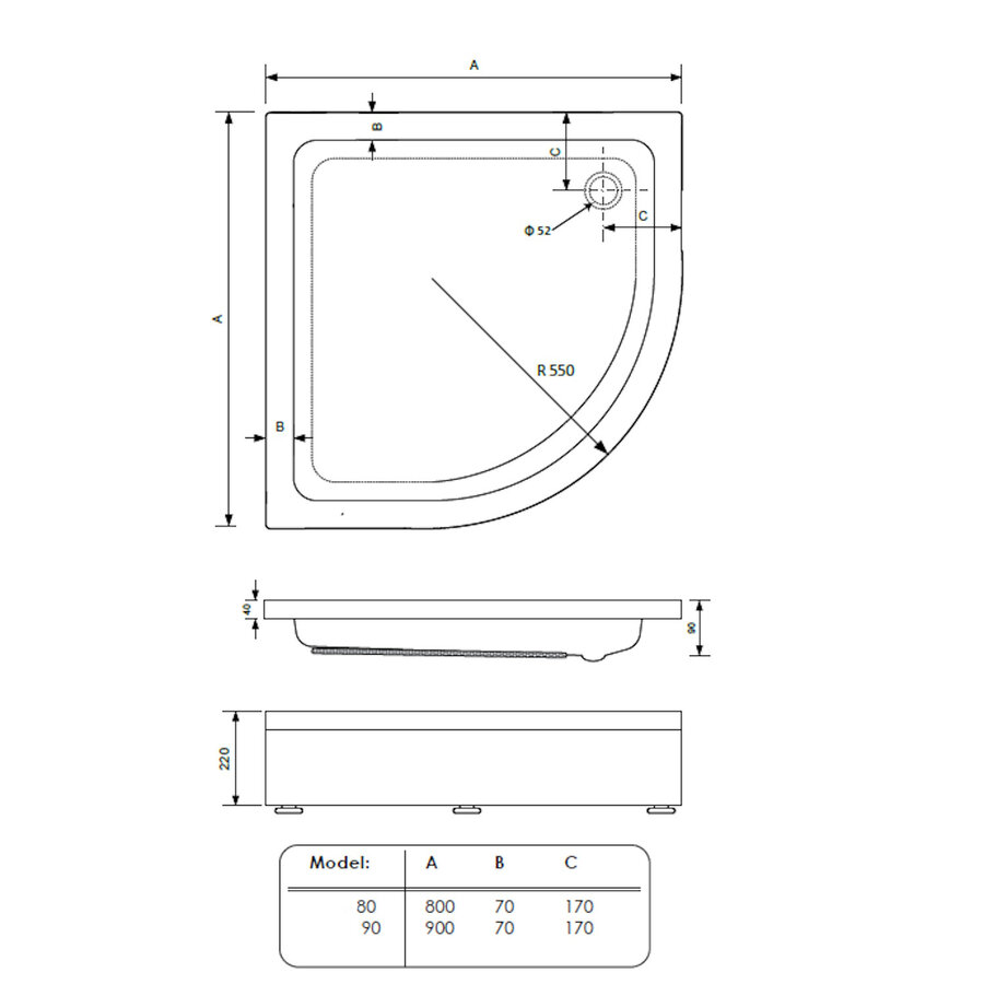 Douchebak BWS Saro Kwartrond Acryl 90x90cm Inclusief Plint Wit