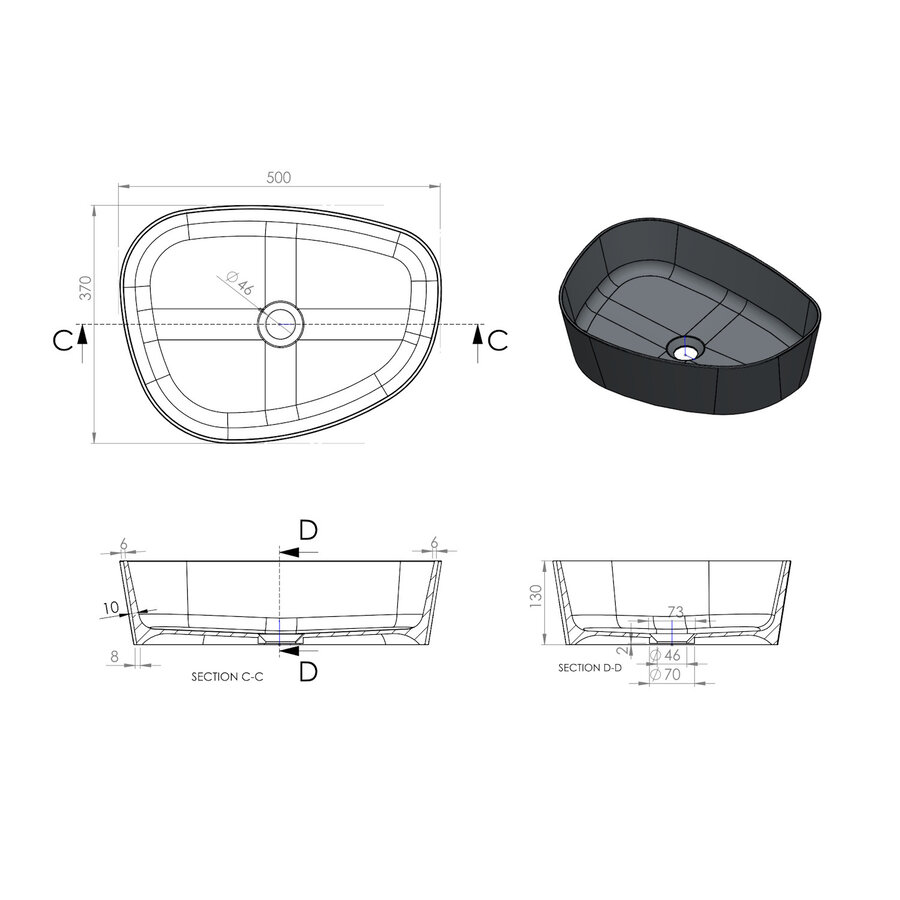 Waskom Arcqua Rocker Cast Marble 50x37 cm Organisch Links Mat Roze