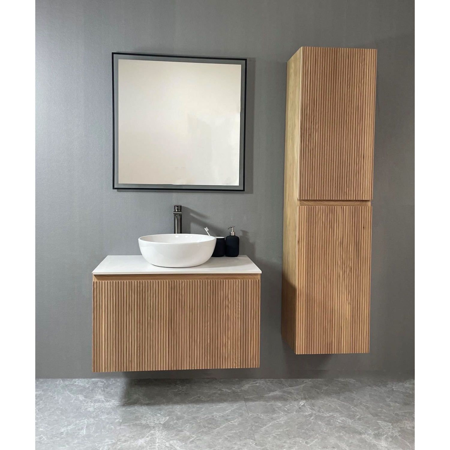 Badmeubel Casajoy Bold Onderkast 80 cm Met Strepen Eiken Met Topblad Wit Casajoy