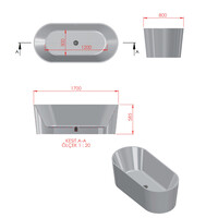 Vrijstaand ligbad BWS ovaal Solid Surface 170x70x85 cm Mat Wit