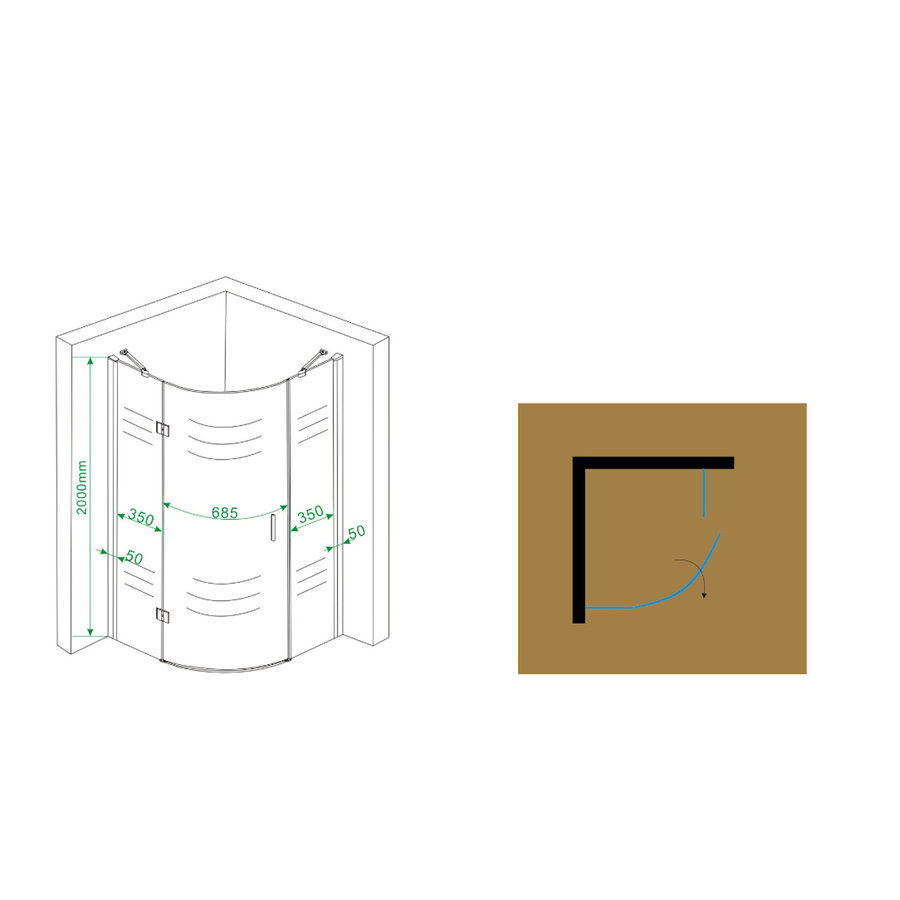 BWS Douchecabine | Kwartrond 90x90x200cm | 1 deur Links | 8mm NANO coating glas