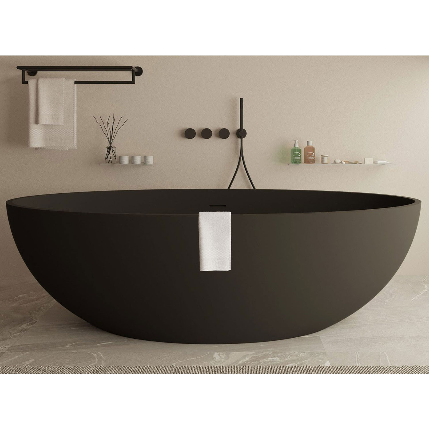 Vrijstaand Ligbad Ideavit Solid Ellipse 180x88x55 cm Met Pop-up Waste Mat Zwart Ideavit