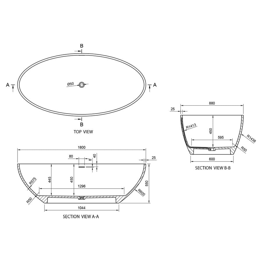 Vrijstaand Ligbad Ideavit Solid Ellipse 180x88x55 cm Met Pop-up Waste Mat Zwart