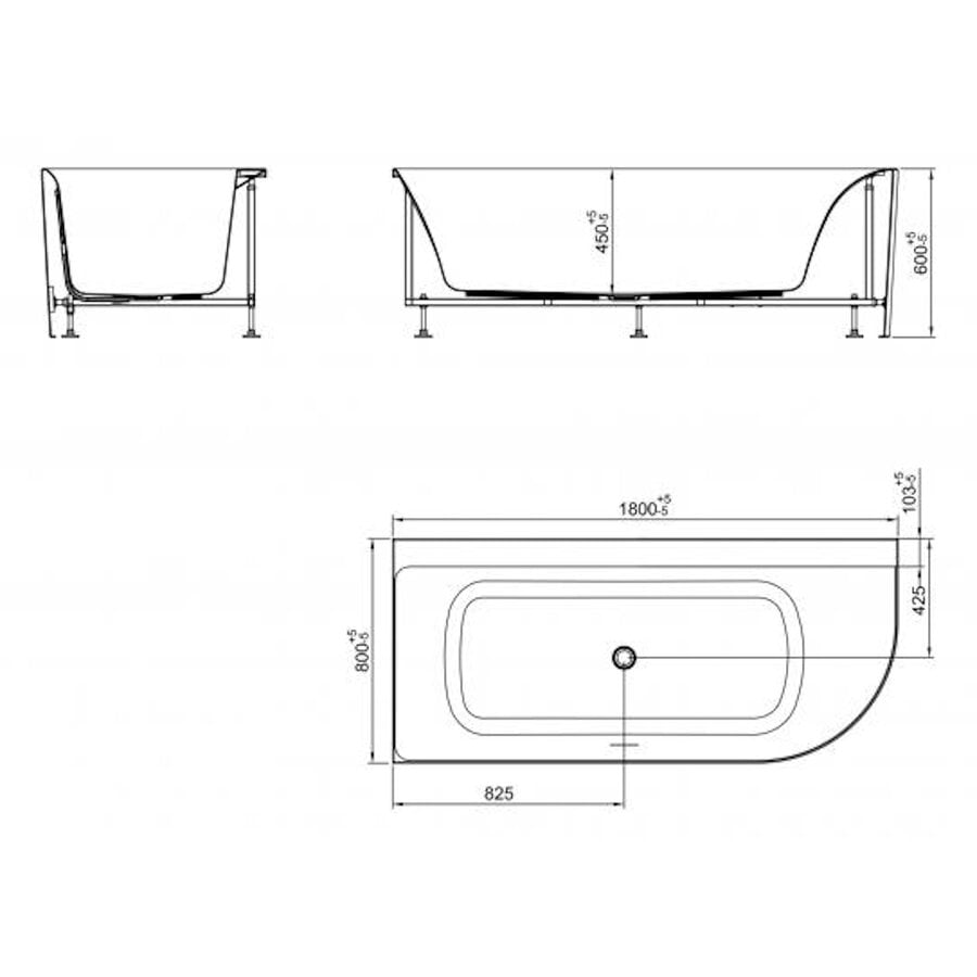 Hoekbad BWS Jordan Links 180x80 Cm Mat Wit Waste Mat Wit