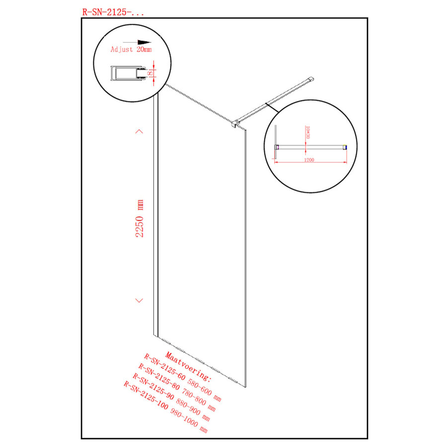 Douchewand BWS Highrise 90x225cm Nano chroom Verhoogd