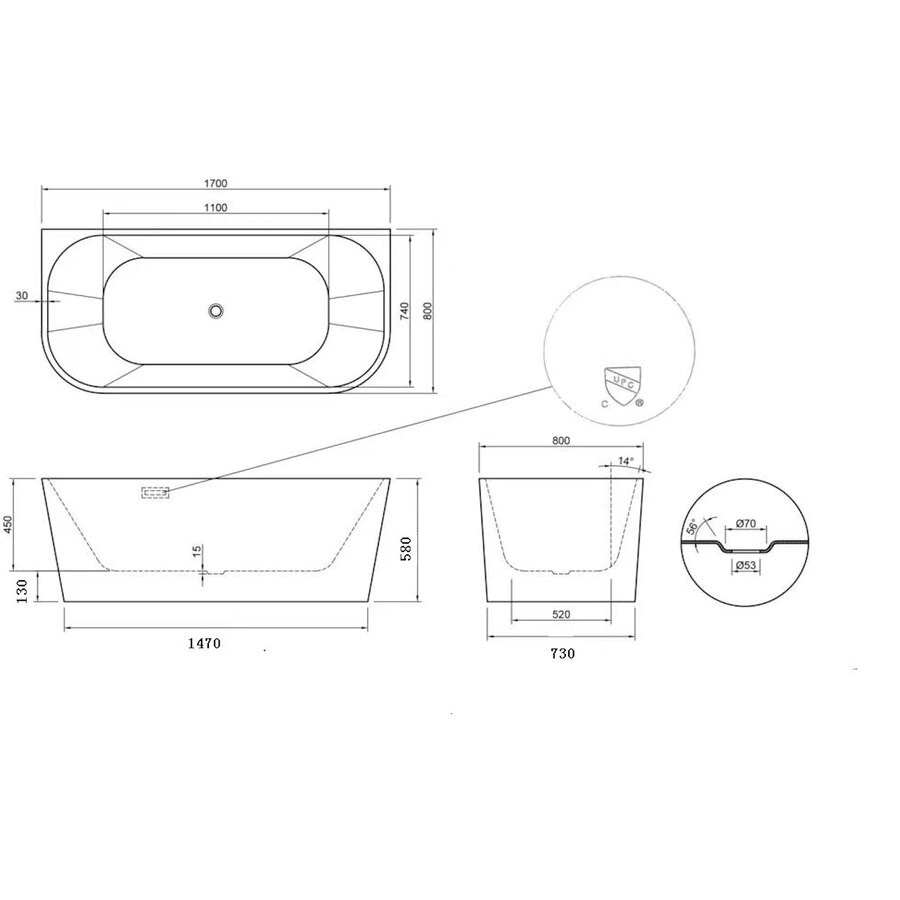 Half Vrijstaand Ligbad BWS Arcryl 170x80x60 cm Wit