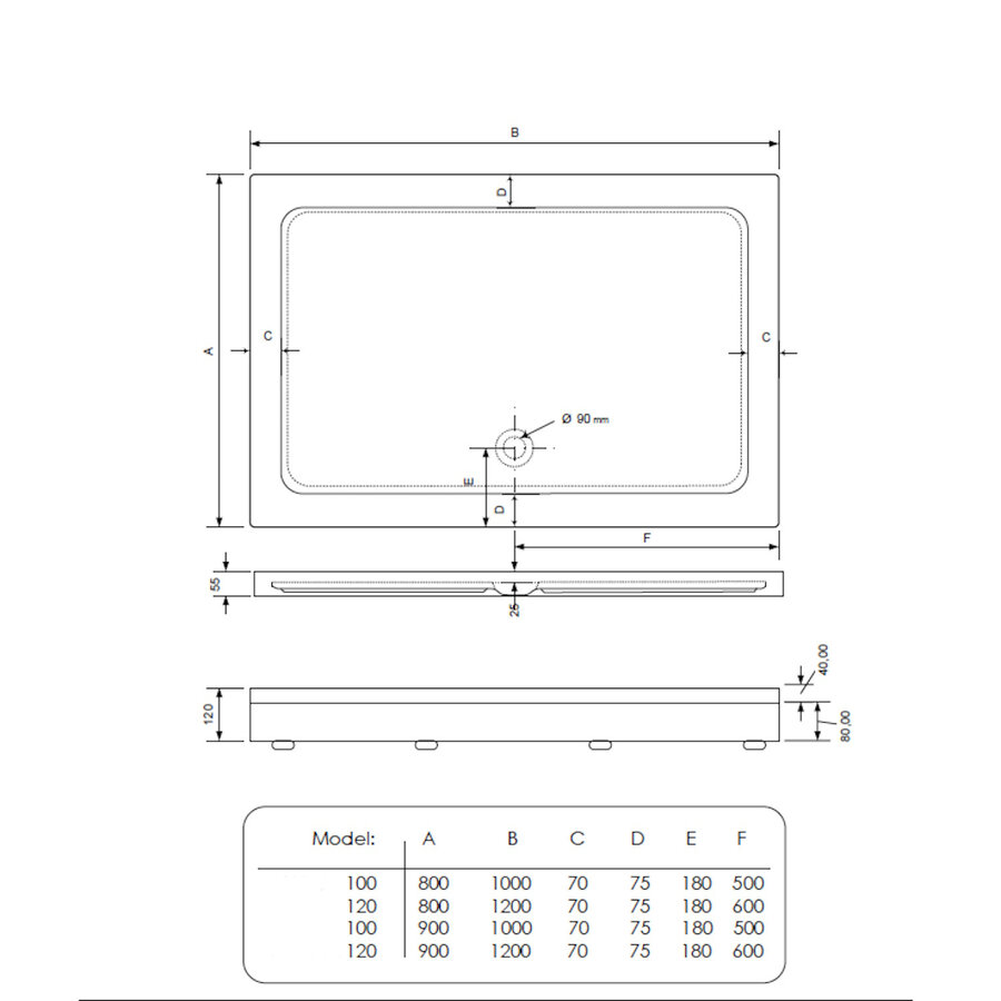 Douchebak BWS Laveria Rechthoek Arcryl 100x80cm Zelfdragend Inclusief Plint Wit