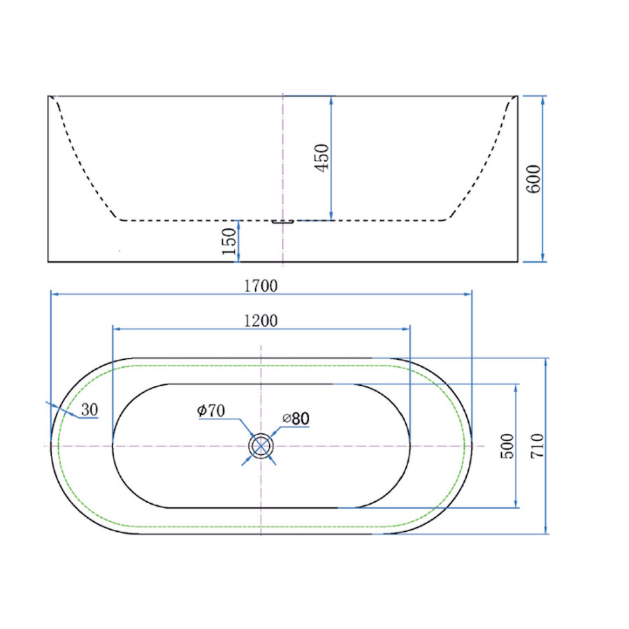 Vrijstaand Bad Luca Sanitair Primo Acryl 170x71x60 cm Incl. Afvoerset Glans Wit