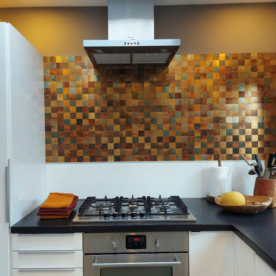 Mozaïek Isodeco Steenstrip Blok Vierkant Zelfklevend 30.0x30.0 cm Rustiek Goud (Prijs Per Stuk)