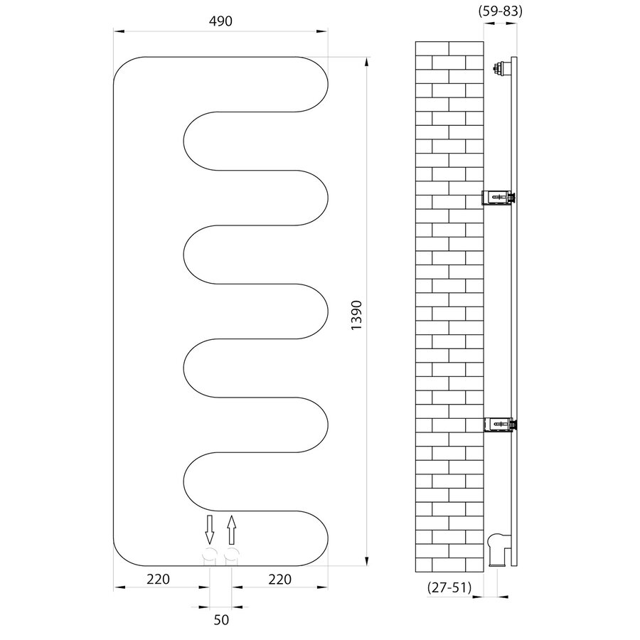 Designradiator Sapho Evolla 49x139 cm Mat Zwart