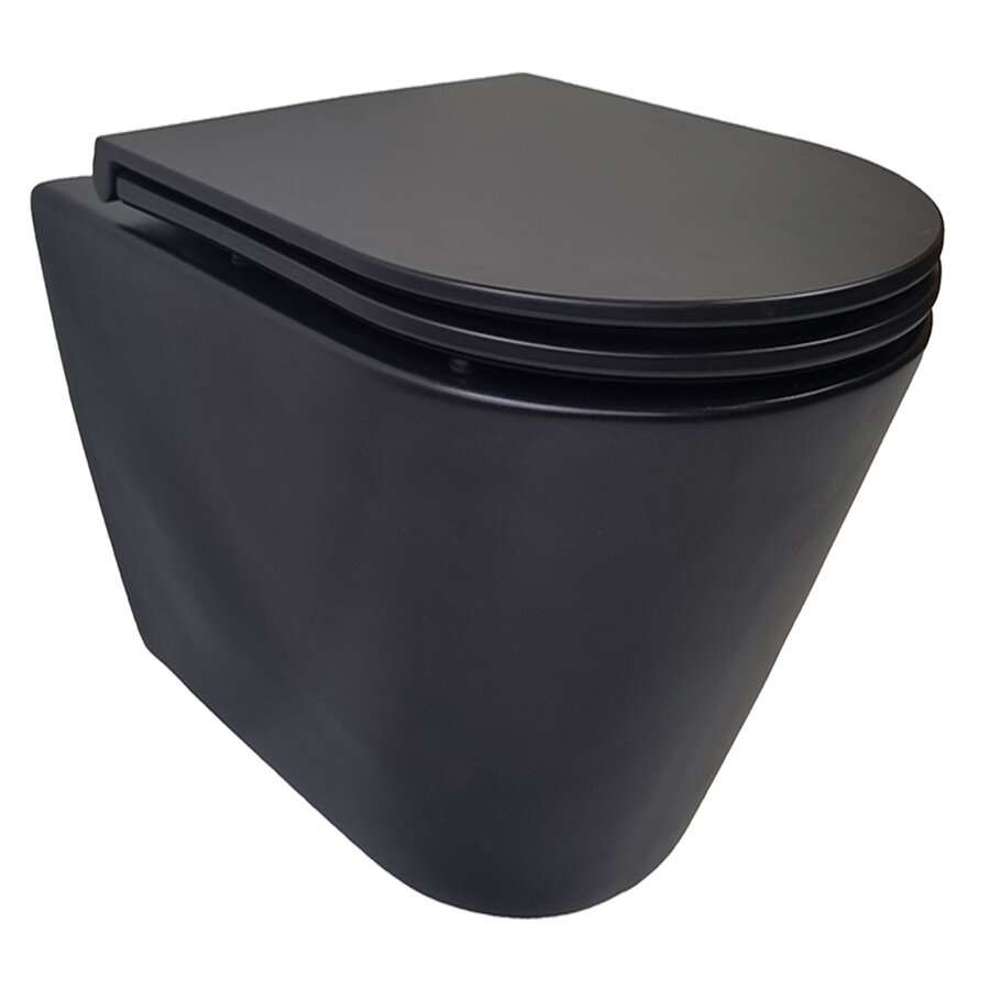 Stereo Rimless Wandcloset Wiesbaden Mat Zwart Met Flatline Toiletzitting Softclose En Quick Release Mat Zwart
