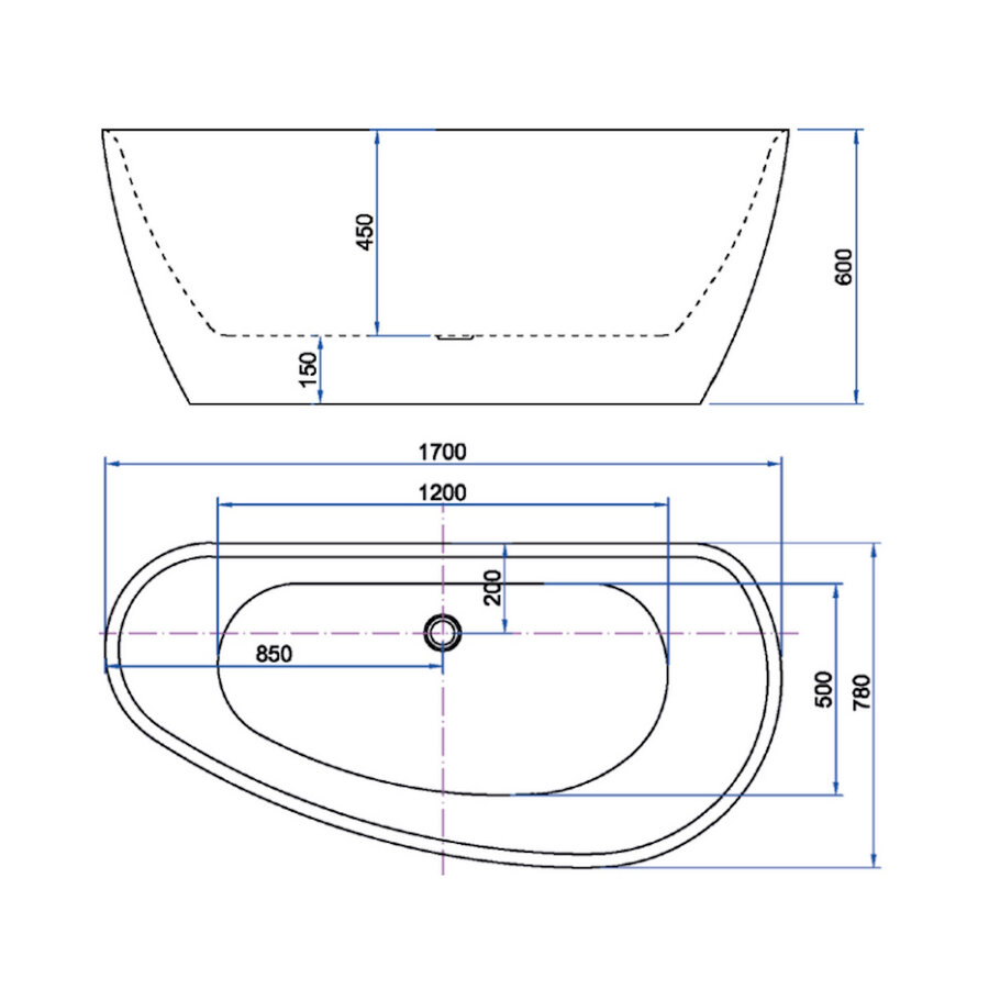 Vrijstaand Bad Luca Sanitair Primo Acryl 170x78x60 cm 260L Incl. Afvoerset Mat Wit