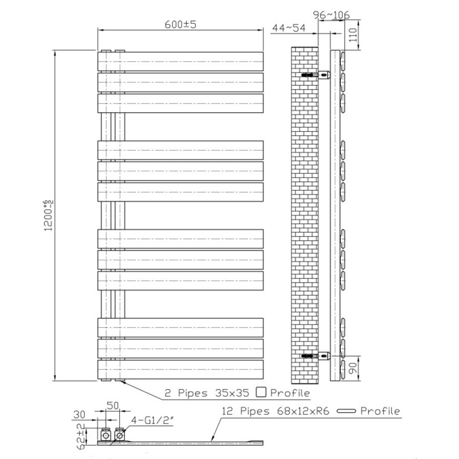 Handdoekradiator BWS Boss Links aansluiting 681W 120x60 cm Zwart