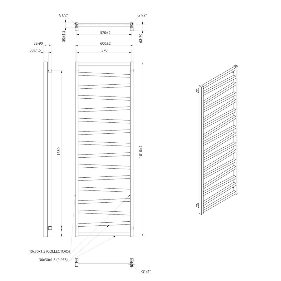 Designradiator Sapho Zig Recht 60x1810 cm 824W Mat Zwart