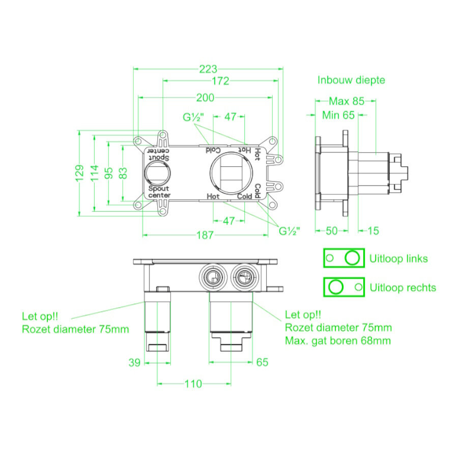 Inbouwbox IVY TBV Wastafelmengkraan 2-gats Wandmontage Uitloop Links/Rechtsom te Plaatsen Donker Blauw