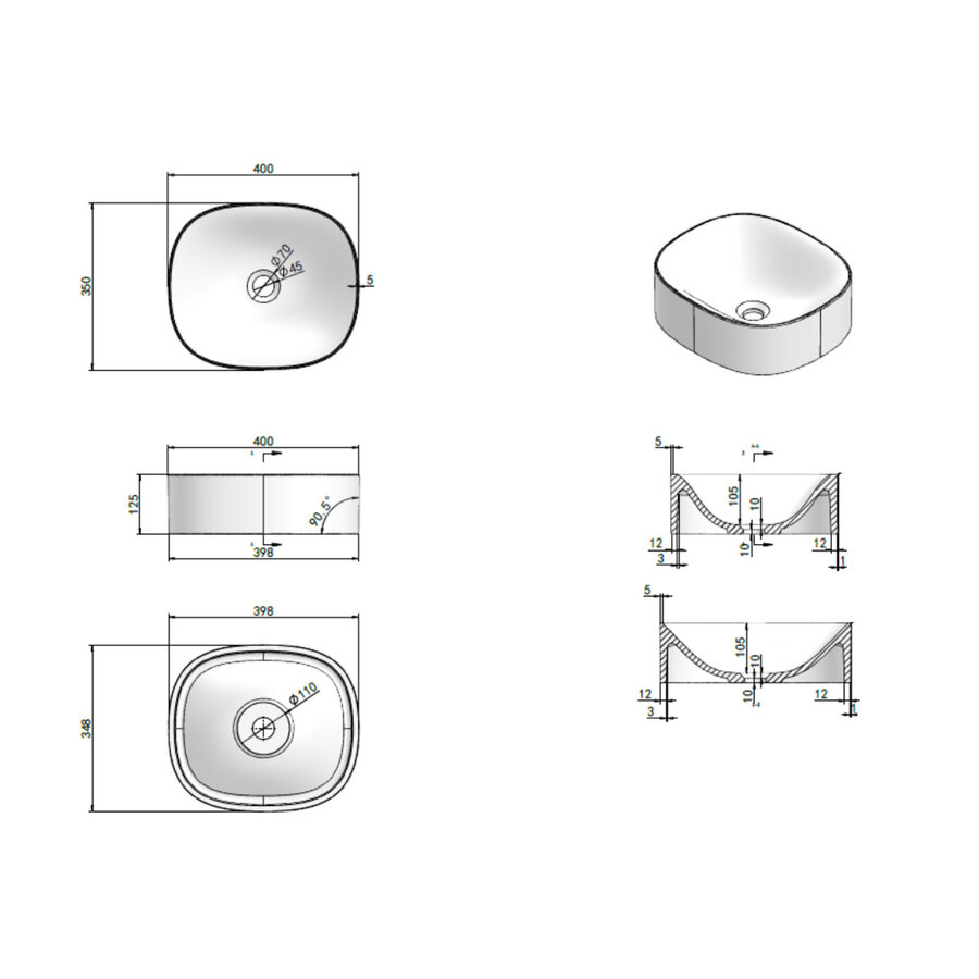 Waskom Luca Sanitair Tate 40x35x12,5 cm Mineral Stone Glans Wit