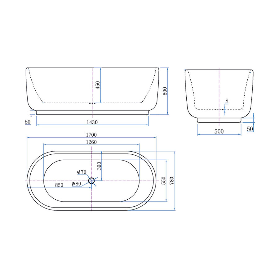 Vrijstaand Bad Luca Sanitair Primo Acryl 170x78x60 cm Incl. Afvoerset Mat Wit