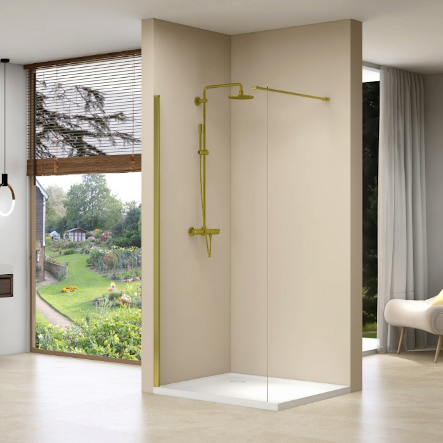 Inloopdouche Van Rijn Products Vaste Wand 140x200 cm Helder Glas Incl Stabilisatiestang en Gouden Muurprofiel van Rijn