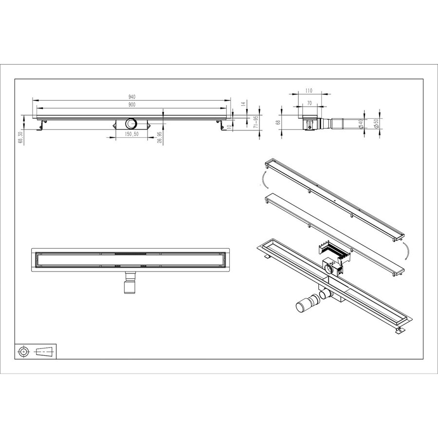 Douchegoot met Tegelrooster en Flens BWS Roos 90x7 Cm Geborsteld Messing